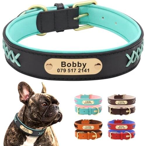 Personalized Dog Collar Engraved Leather Nameplate Pet Collar Braided Padded French Bulldog Collars For Small Medium Large Dogs