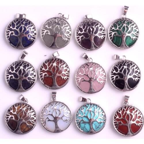 Wholesale 24pcs/lot Tree of Life Pendant Necklace Lapis lazuli Natural Stone Pendants Handmade Reiki Charm Jewelry Free Shipping