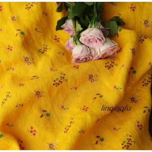 Original design yellow linen printed fabric Dress robe clothing cloth Linen fabric