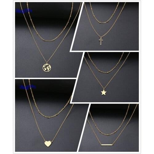 Heart/World Map/Stick/Star/Cross Choker Necklace For Women Multi Layer Beads Chocker Gold Color Stainless Steel Jewelry