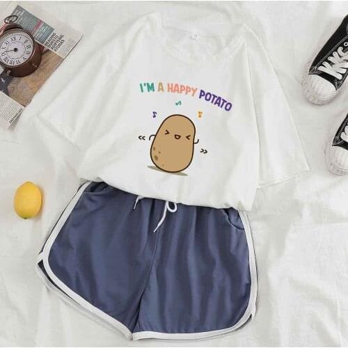 Two Piece Sets Pjs Women Set Happy Potato Graphic T Shirt Shorts Suit Nightwear Sleepwear Women Cute Loungewear Sleep Top Suit