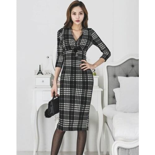 Dress Women 2020 Fashion Spring V-neck Office Lady High quality Elegant Lattice Print Sexy Evening Party Knee-Length Dress es