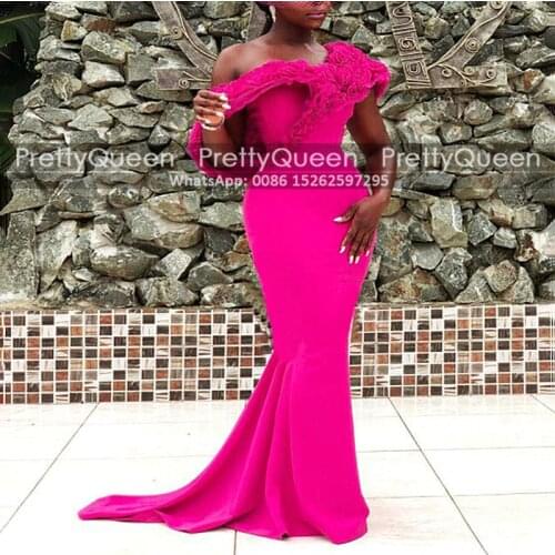 Hot Pink Long Evening Dresses Mermaid Ruffles Flowers Off Shoulder For Women African Girls Sweep Train Pageant Dress Party