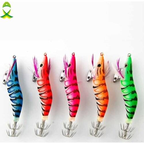 JSM 5pcs Hard Squid fishing hook hard Lures Sea Fishing Artificial Bait Wooden Shrimp Squid Hook 12cm length
