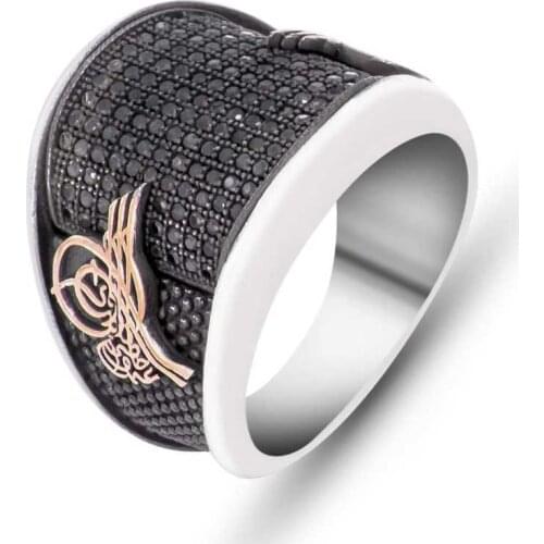 Tevuli 925 Sterling Silver Black Cz Tuğralı Male Ring
