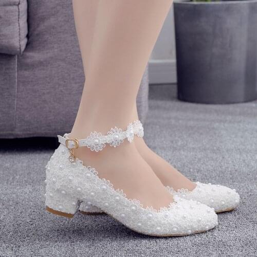 Low Block Heels Platform Women Pumps White Lace Heels Mary Jane Ladies Wedding Shoes Bride