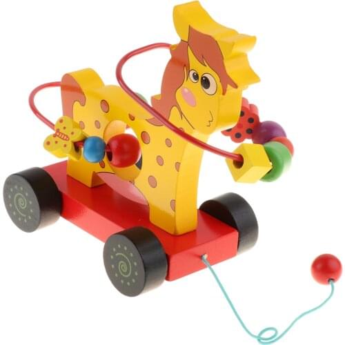 Adorable Animal Car Wooden Push & Pull Along Toy Baby Toddler Fun Bead Mazes Fun Motor Skill Training - Horse Yellow