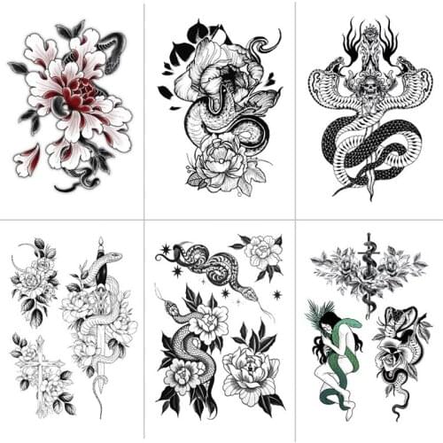 Double Head Snake Temporary Tattoos Waterproof Hand-painted Flower Red Rose Half Arm Chest Dark Black Tattoo Stickers for Women