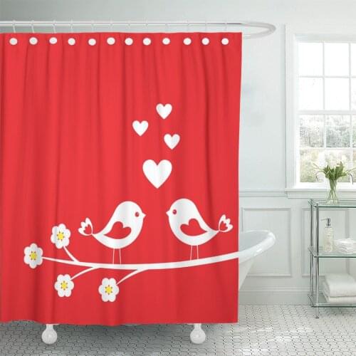 Pink Love Two Cute Birds for Valentine Day Red Shower Curtain Waterproof Polyester Fabric 72 x 72 Inches Set with Hooks