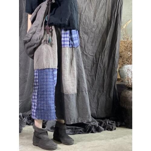 Women Elastic Waist Patchwork Autumn Linen Skirts Ladies Vintage Spliced Plaid Retro Skirt Female 2020 Skirts