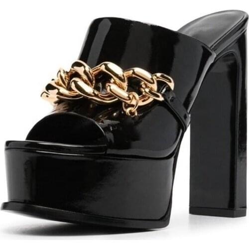 Ladys Open Round Toe Platform Shoes Sandal Chunky Heel Black Patent Leather Women Slippers Heeled Metal Chain Plus Size 11