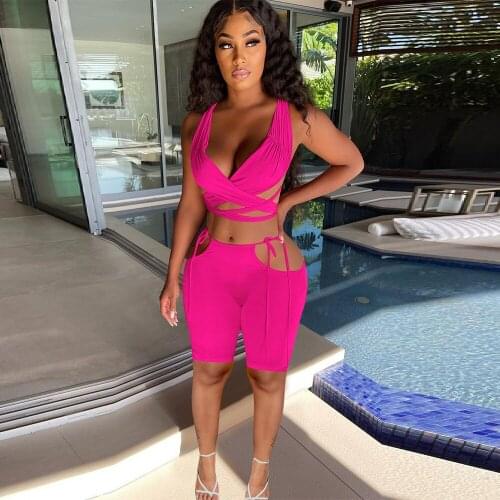 Classic Solid Two Piece Set Women Summer Casual Deep V Neck Bandage Tank Tops and Side Hollow Out Biker Short Female Tracksuit