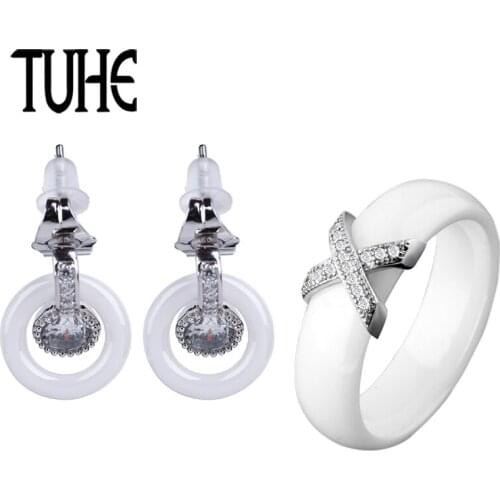New Elegant Ceramic Lady Jewelry Set Fashion Round Crystal Earrings And 6MM Wide X Smooth Ceramic Rings Wedding Women Jewelry