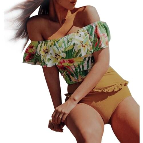 Womens One Shoulder Swimsuit Ruffled High Waist Split Printed Swimsuit Green