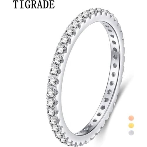 Tigrade 2mm Thin Ring for Women 925 Sterling Silver Ring Full 5A Cubic Zirconia Upgrade Inlay Quality Female Wedding Band