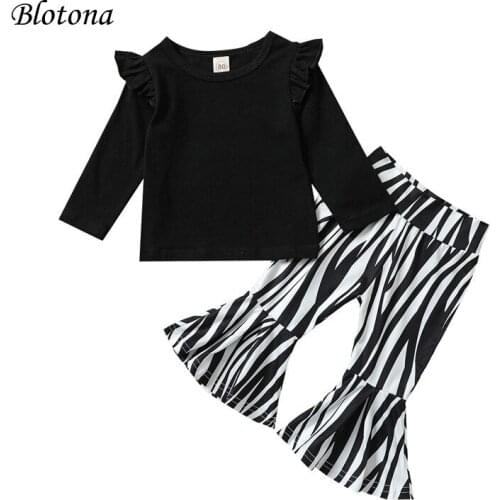 Blotona 2Pcs Kids Casual Outfits, Baby Girls Solid Color Fly Sleeve O-Neck Pullover + Flared Zebra-stripe Pants, 6Months-4Years