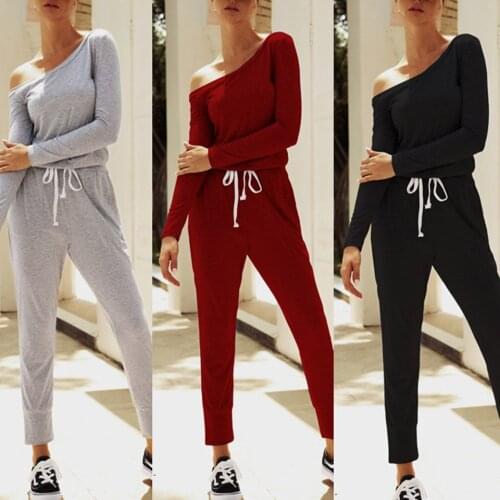 Casual Wear Jumpsuit For Women 2020 Long Sleeve Slash Neck Jumpsuit One Shoulder Elastic Waist Bandage Jumpsuit Solid Streetwear