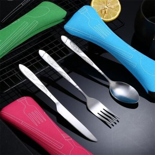 3pcs/Set Dinnerware Portable Printed Stainless Steel Spoon Fork Steak Knife Set Travel Cutlery Tableware with Bag