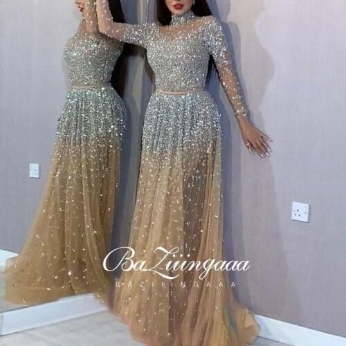 BAZIIINGAAA Luxury Woman Cocktail Dress Beaded Sequins Long Elegant Night Cocktail Party Formal Dresses for Wedding Plus Size