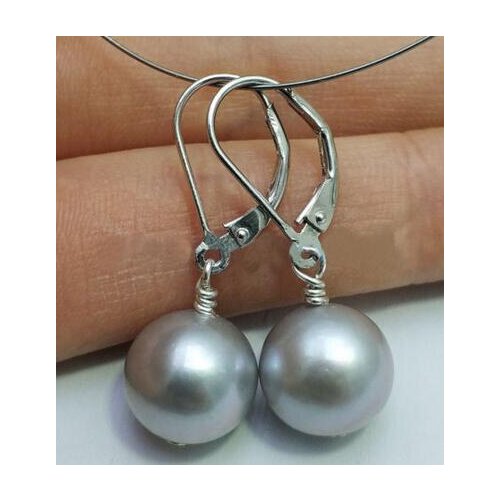 Free shipping>>>>noble jewelry AAA 9-10mm Natural Silver gray Round Pearl Earrings 14K/20 YELLOW GOLD hook