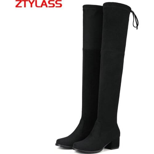 Low Heel Stretch Over The Knee Boots Flock Women Boots Round Toe Slip On Long Boots Autumn Winter Ladies Shoes