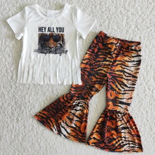 Baby clothes free shipping products white tassel t shirts tiger pattern bell bottoms girls designer clothes toddle girl summer
