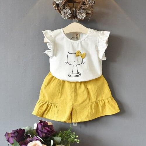 2021 Summer Girls Clothing Sets Kids Short Sleeve Cartoon Cat Tops + Shorts 2pcs Suit Fashion Clothes For Children