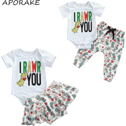 2021 0-24M Infant Baby Girl Boy Clothes Set Letter Print Short Sleeve Romper Top+Cartoon Dinosaur Print Shorts Skrit/Pants 2pcs