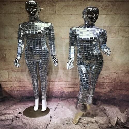 KS79 Ballroom dance stage costumes silver mirror bodysuit women performance jumpsuit robot suit bar singer dress clothing sexy