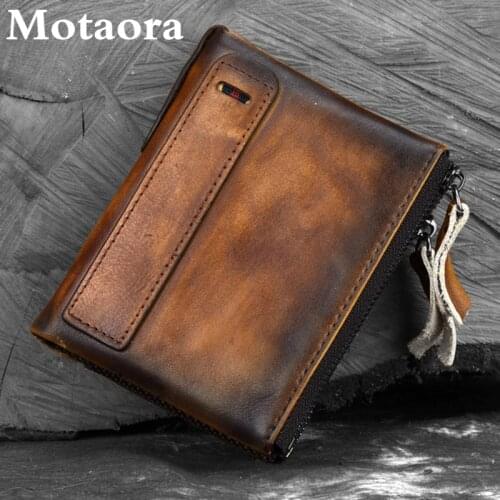 Motaora Mens Wallet Retro Cowhide Double Zipper Clutch Genuine Leather Small Purse For Male Handmade Casual Men Short Wallet