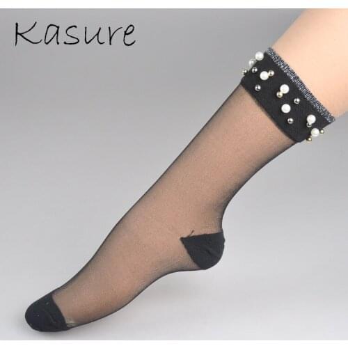 KASURE New Fashion Pearl Beads Thin Mesh Ankle Socks Transparent Ultrathin Shiny Sexy Female Socks