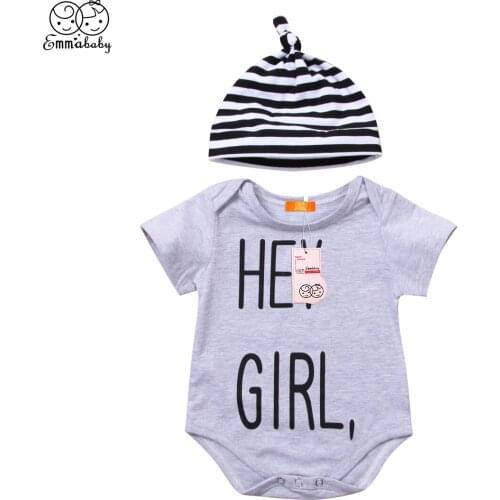 2018 new arrival babies outfit set Newborn Baby Boys Girls Cotton short sleeve Hey Girl Bodysuit Jumpsuit Hat 2Pcs Clothes set