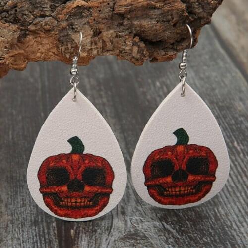2021 Wholesale Retro Halloween New Product Funny Pumpkin Smiley Face Drop Double-sided Printed Pattern Leather Earrings
