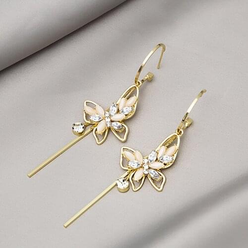 Origin Summer Korean Exquisite CZ Zircon Opal Dangle Earrings for Women Long Tassel Butterfly Hollow Metal Earrings Jewelry