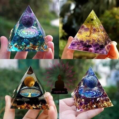 60mm Orgonite Pyramid Amethyst Natural Crystal Sphere Stone High Frequency Healing Energy Tower Resin Home Decorative Crafts