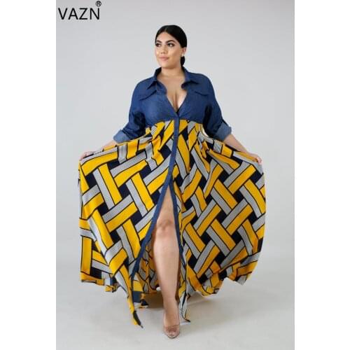 VAZN YF-1001 new product 2019 autumn sexy lady red yellow long dress full sleeve A-line print dress lady streetwear wide dress
