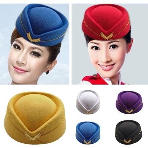 Womens Hat Trendy Wool Felt Air Hostesses Beret Golden Badge Sexy Formal Uniform Hats Winter Accessories