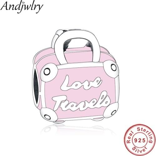 Fit Original Pandora Charms Bracelet 925 Sterling Silver Pink Travel Bag Charm Beads DIY Jewelry Women Berlque 925 Silver