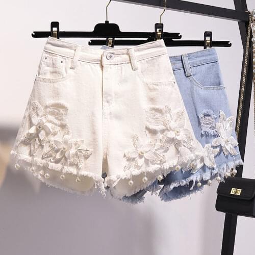 Embroidered Denim Shorts Womens Summer 2021 New Loose Hole Wide Legs Large Size High Waist A-line Hot Pants Short Jeans Women