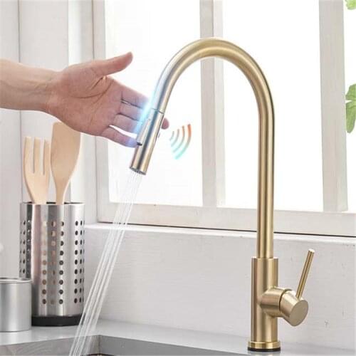 Smart Touch Kitchen Faucet Brushed Gold Poll Out Sensor Faucets 360 Rotation Water Mixer Taps Pull-Out Sensor Kitchen Faucets