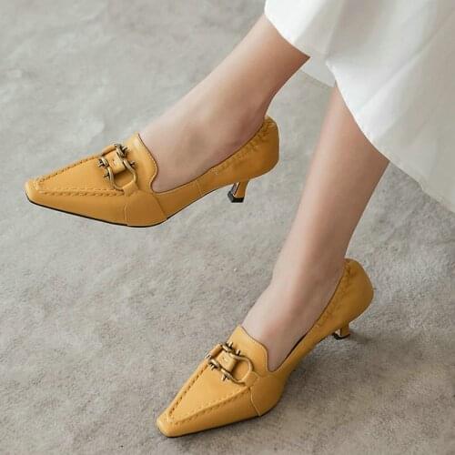 Spring Women Single Shoes Artificial Leather Square Root Ladies Metal Decorative Elastic Shoes Beige Yellow Black Casual Shoes