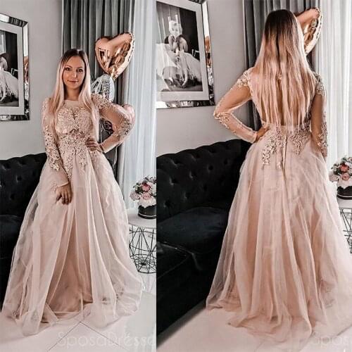 Gorgeous Custom Made Long Champagne Lace Long Sleeves Women Prom Dress Evening Dresses Ball Gowns