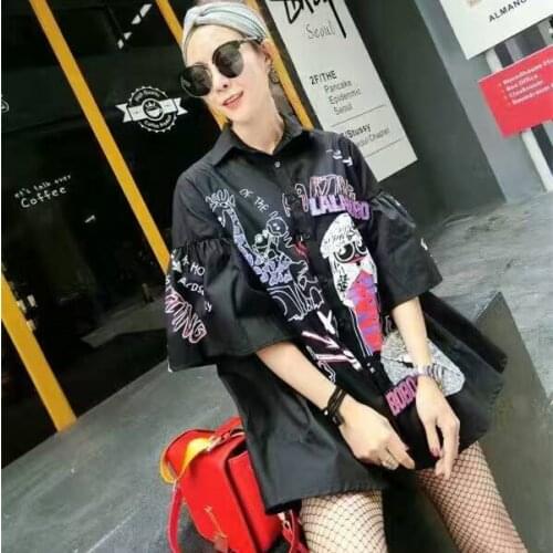 Cartoon Maxi Blouse Women Lovely Girls Sequin Loose Blouses Shirt Flare Sleeve Ladies Casual Graffiti Print Long Shirts NS600