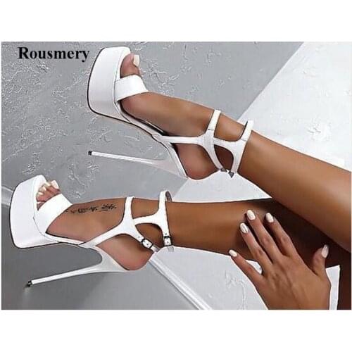 Women New Fashion Patent Leather Two Ankle Straps High Platform Sandals Formal Dress Shoes Super Stiletto Heel Sandal Pumps