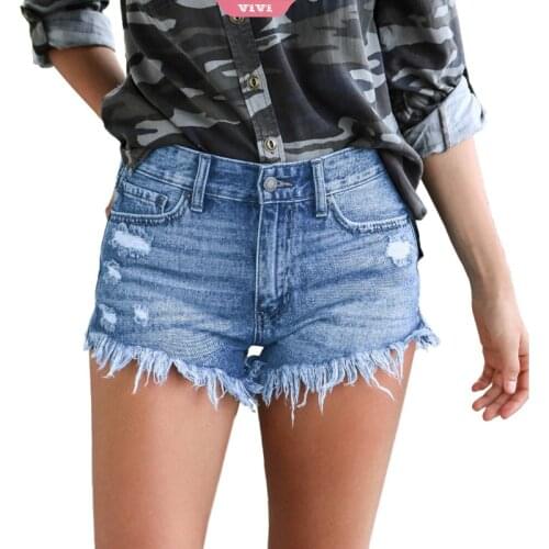 2021 New Summer Casual Denim Womens Ripped Fringed Shorts Mid-waist Stretch Fur Lining Open-leg Sexy Shorts