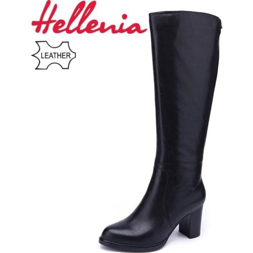Hellenia Genuine Leather High Boots Thick Heel Women Long Shoes Pointed Toe Winter Autumn Wool Fur Ladies Shoe Fashion Boot
