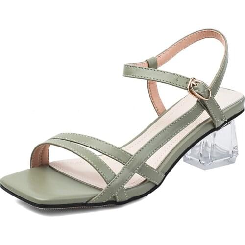 2021 Summer Lady Shoes Ribbons 34-40 Size Green and ivory Square Toe Cap Crystal Heel Sweet Sandals for Women