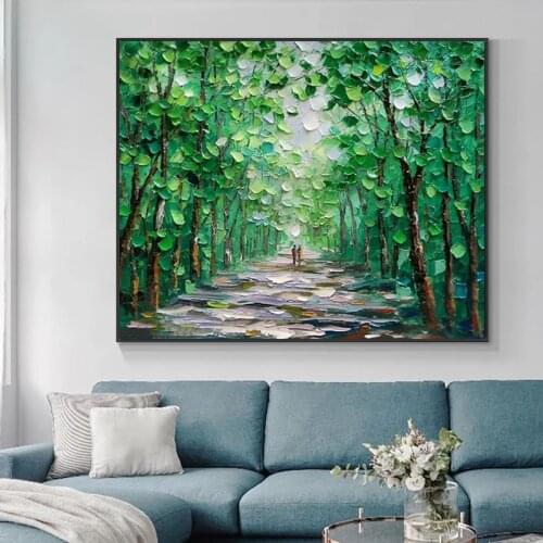 Handmade Abstract Oil Painting Wall Art Green Street Landscape Minimalist Modern On Canvas Decorative For Living Room No Frame