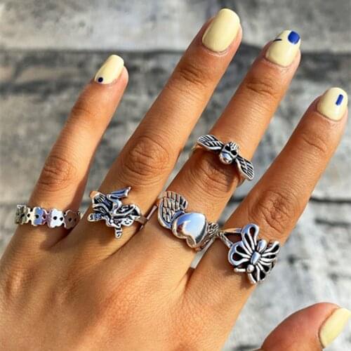 AE-CANFLY Ins Retro Trend Hollow Geometric Love Star Ring Set for Women Exaggerated Punk Skull Snake Ring Set Jewelry Gift