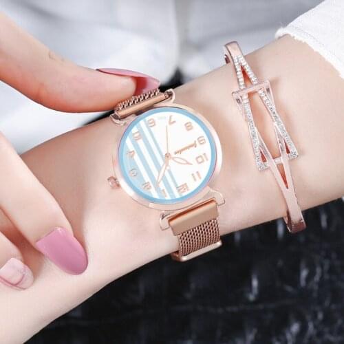 Fashion Stripes Magnet Clasp Women Simple Watch Steel Mesh Band Ladies Quartz Wristwatches Clock Relogio Feminino